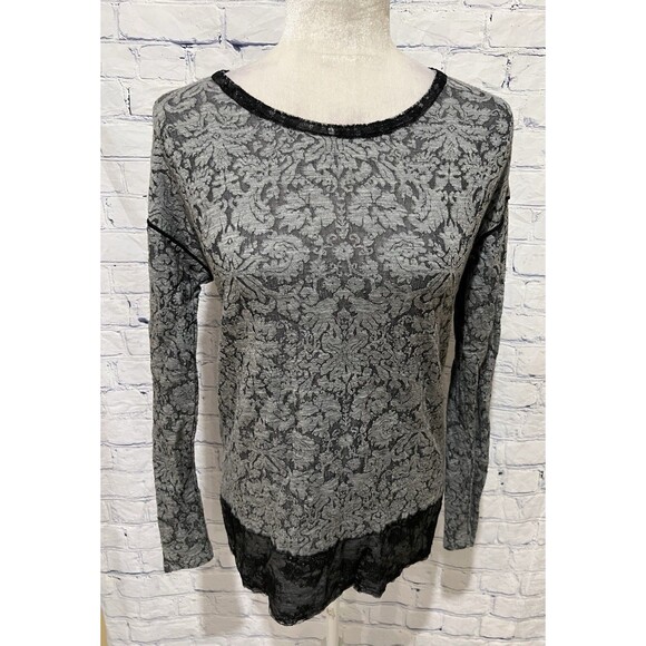 Zara W&B Collection Gray Black Lace Tunic Blouse Women Hi Low Long Sleeve Small - Picture 2 of 5